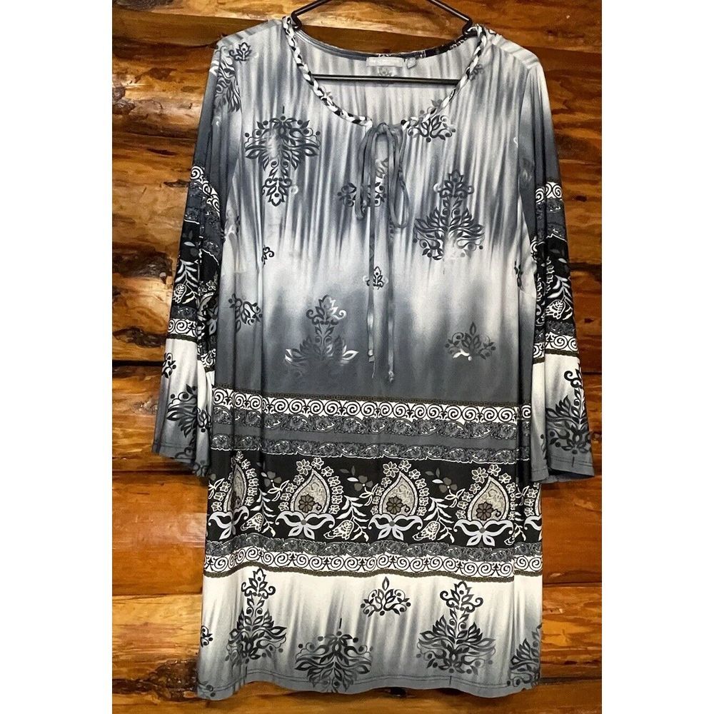 NY Collection Woman Black/Grey Tunic Braided Neckline Size XL